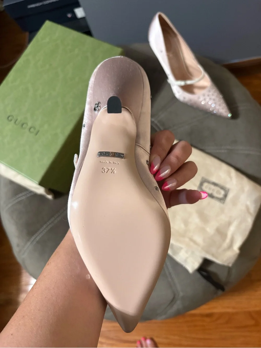 Gucci Blush Pink Studded Pointed Mary Jane Pumps
